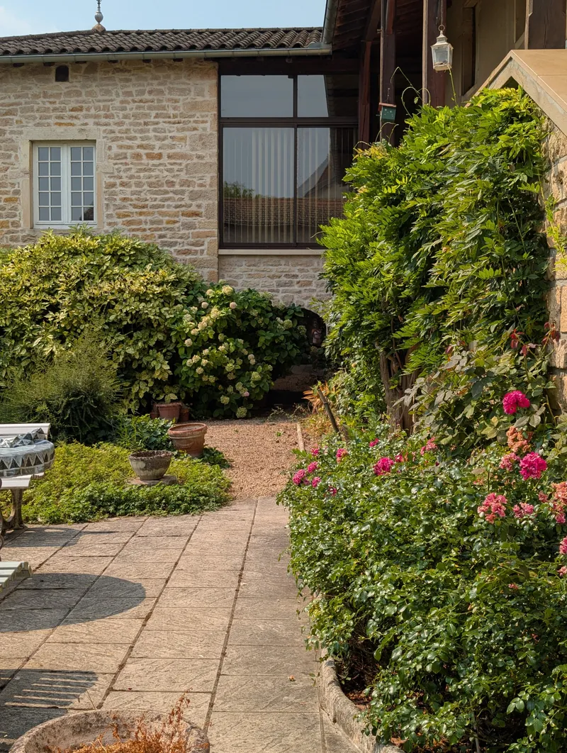 L’allée dallée du jardin, la glycine et les rosiers le long de la maison en pierre