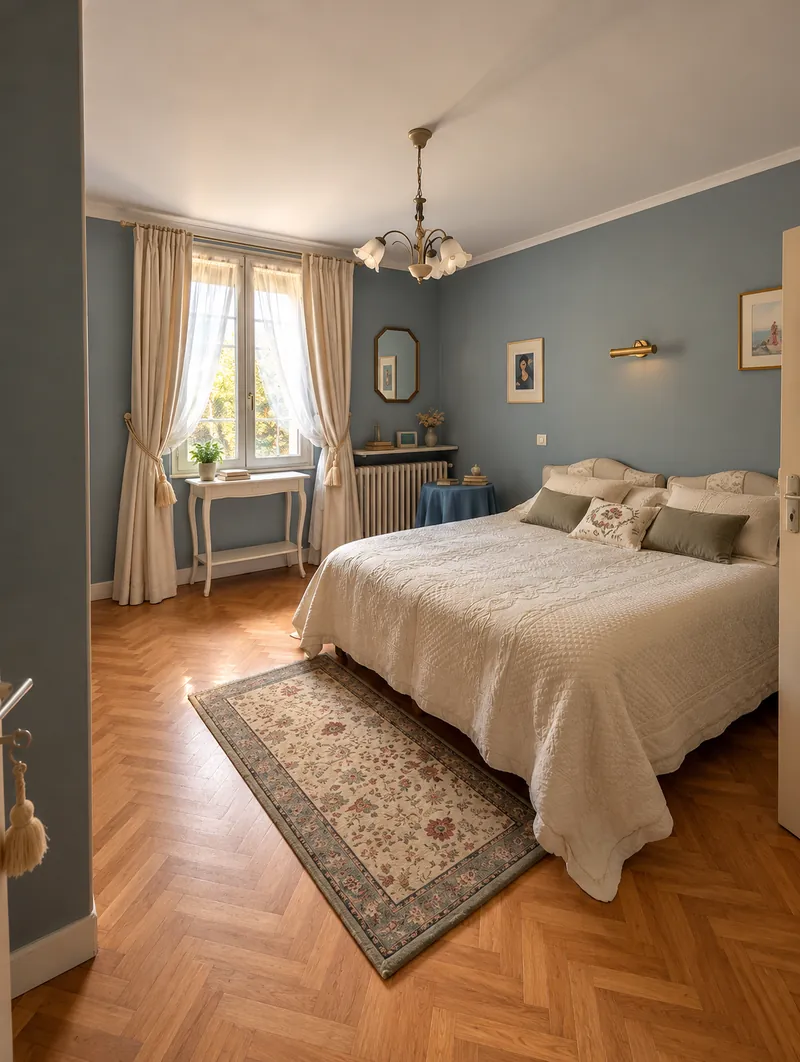Une chambre double aux murs bleus et au parquet en chevrons