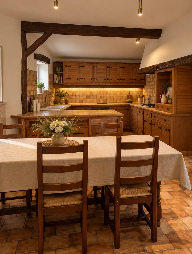 La cuisine équipée et la grande table