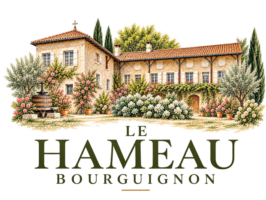 Le Hameau Bourguignon, aquarelle de la maison et de son jardin fleuri