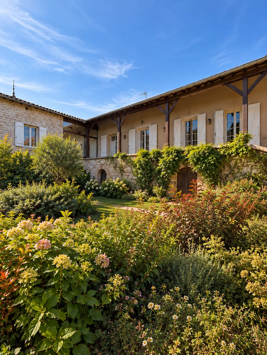 La maison en pierre et ses massifs fleuris